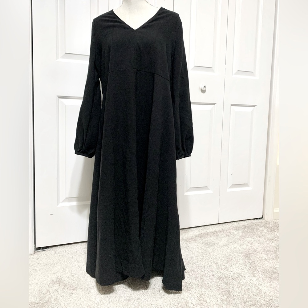 Nordstrom 2 Pocket V-Neck Long Puff Sleeve Midi Dress - M